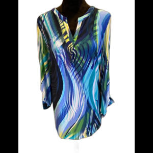 Cato Womens Blouse High Low Stretch Shirt Blue Green Plus Sz XL V Neck Top